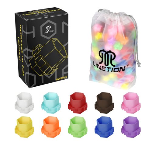 Linetion Tattoo Ink Caps Cup for Tattooing Honeycomb Shape Spliceable Anti-Rollover Spill,Eco-Friendly Non Fade Material,Large Inner Size 0.63 * 0.75 inch(W*H),200pcs Pack (Mix Color)