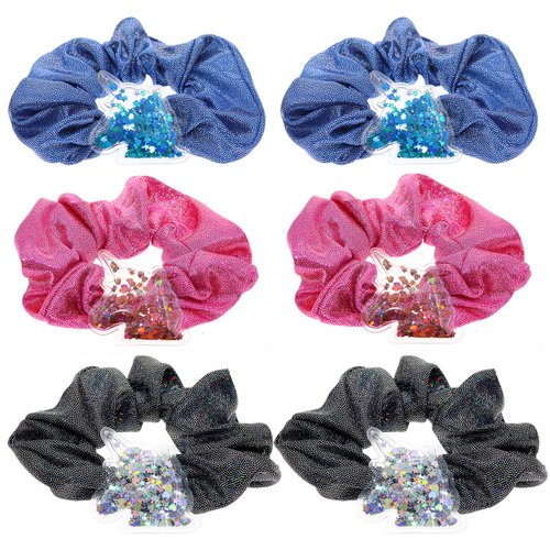 FROG SAC 6 PCS Shaky Glitter Unicorn Hair Scrunchies for Girls, Glitter Fabric Scrunchies Pack with Unicorn Charms, Cute VSCO Kids Hair Accessories for Girls, Unicorn Hair Stuff Party Favors
