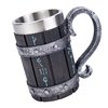 Nordic Viking Rune Mug Tankard Stainless Steel Wooden Resin 3D Norse Decor Coffee Cool Gothic Beer Tankard Stein Cup Mugs 20oz