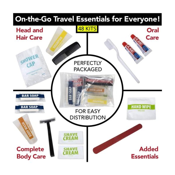 48 Kits of Bulk Hygiene Supplies Wholesale 15 Piece Hygiene Toiletry Product Kits Bulk for Homeless, Traveling, Charity Donation (48 Kits)