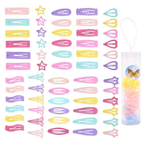 60 Pcs Non-Slip Snap Hair Clips with 60 Pcs Elastic Hair Bands Candy Color Metal Barrettes Star Butterfly Heart Hairpin for Kids Girls and Women Hair Accessories