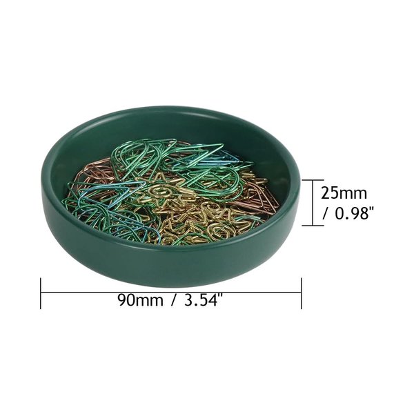 MEI YI TIAN Small Ceramic Paperclip Holder for Desk, Round Paper Clip Holder Push Pin Organizer Macaron Dark Green Paper Clip Dispenser Desktop Organizer Cute Storage Plate Desk Accessories