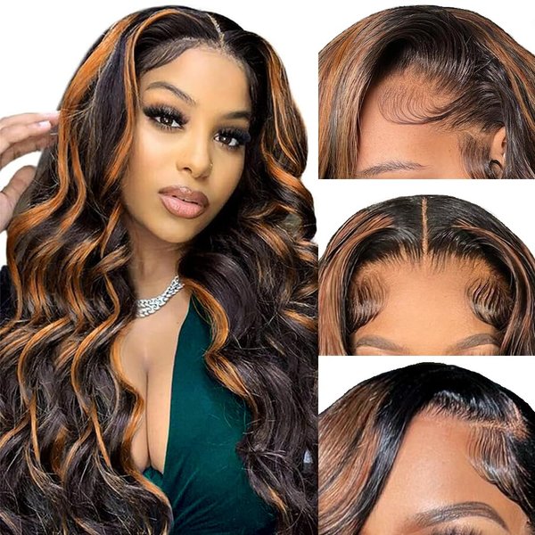 Afribye 13x6 Ombre Body Wave 200 Density HD Lace Front Wigs Human Hair FB/30 Highlight Lace Front Wig Human Hair 13x6 HD Lace Frontal Glueless Wigs Human Hair Pre Plucked with Baby Hair 24 Inch