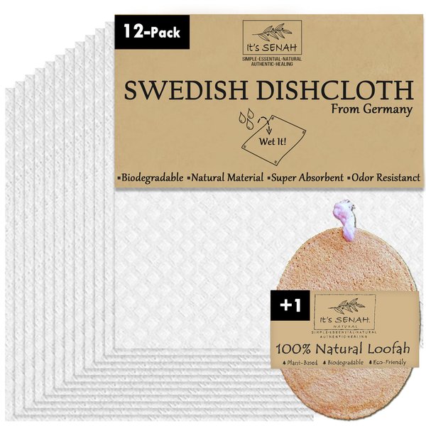 [12Pack+1Loofah Dish Sponge] 100% Natural Biodegradable Swedish Dishcloths for Kitchen | No-Discoloration, No-Odor, Super Absorbent Dish Sponge | Paper Towel Replacement.
