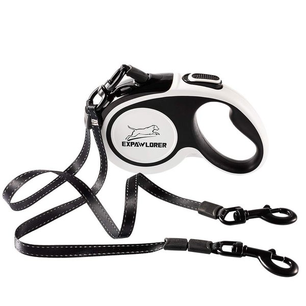 Dual Retractable Dog Leash - Double-Head Lockable Extendable Pet Leash - 16ft Reflective Nylon Ribbon - 360¡ã Tangle-Free for Two Dogs Walking Training