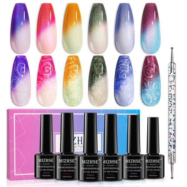 MIZHSE Color Changing Nail Polish Pearl Mood Changing Nails Polish Glitter Drawing Shell Thread Soak off UV LED Glitter Thermal Nail Gel Polish for Nail Salon Home DIY Manicure Set 6 Colors