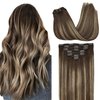 GOO GOO Clip in Hair Extensions Real Human Hair, Remy Human Hair Extensions Clip ins for Women, Natural Human Hair, 14inch 120g 7Pcs, 4/26/4 Balayage Chocolate Brown to Honey Blonde