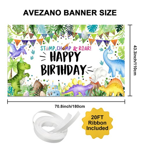Avezano Dinosaur Birthday Banner Watercolor Jungle Dinosaurs Happy Birthday Banner for Kids Dinosaur Birthday Party Decorations Photography Background, 70.8x43.3inch