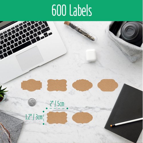 600 PCS Kraft Paper Stickers, 6 Fancy Shapes Labels Self Adhesive Blank Stickers for Crafts, Homemade Food Jars, Gift Tags, Name Labels, Envelope Labels, Home Office Business Uses (1.2” x 2”)