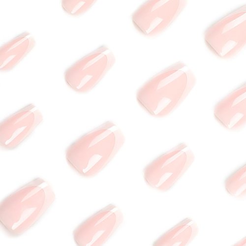 Medium Press on Nails Square Fake Nails, Glue on Nails Medium False Nails with White French Tip Nails Gloss Press ons Designs Acrylic Nails Press on Artificial Nails Stick on Nails For Women 24Pcs