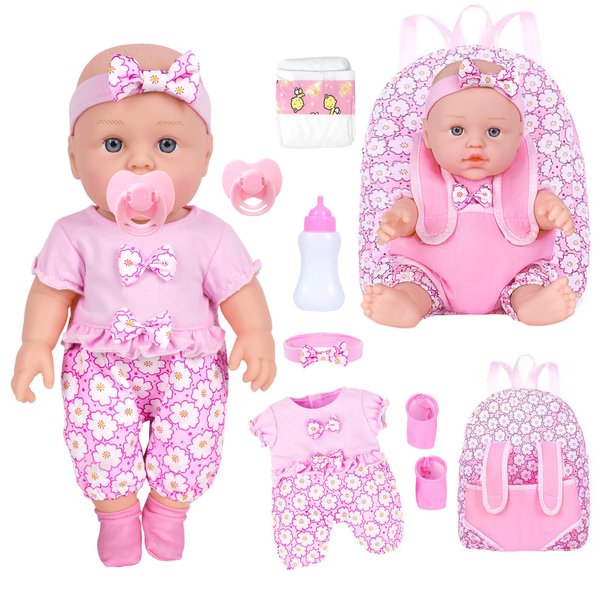 UZIDBTO 12 Inch Baby Dolls with Backpack Carrier Can Store Doll Clothes and Accessories,12" Reborn Baby Doll Set in Gift Box with Feeding Bottle Nipple Diaper for Kids Toddler Age 3+