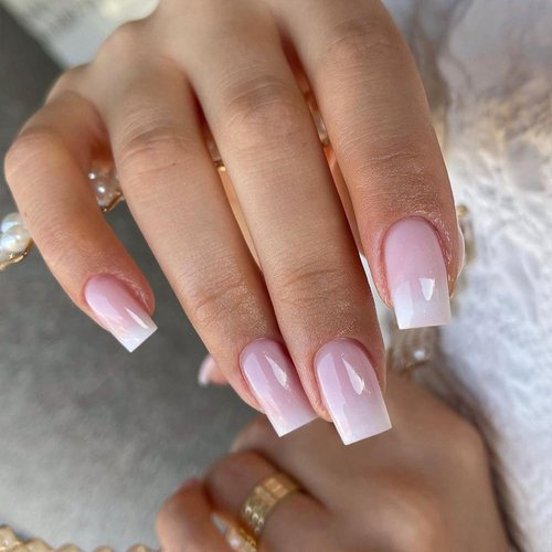 KQueenest Ombre Pink Press on Nails Short Medium Square Glue on Nails White and Pink,French Manicure Fake Nails Short Coffin Acrylic Nails Press on Gradient Gel Nails For Women False Nails 24 Pcs