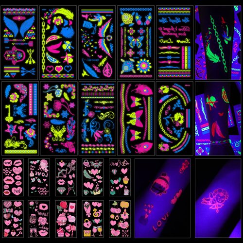 PFARRER 20 Sheet Glow in The Dark Neon Temporary Tattoos (Total 211pcs) Fluorescence UV Neon Body Face Fake Waterproof Tattoo Stickers for Women Men,Rave Festival Accessory Party Supplies ZYH2310002