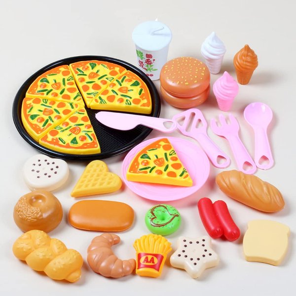 Mbarbs Simulation Breakfast Food Play Set Toy Pretend Dramatic Plastic Food Pizza Toys Play Kitchen Accessories for Boys Girls