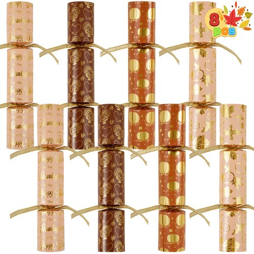 JOYIN 8 PACK Thanksgiving Party Favor, Maple Style Thanksgiving Cracker, Party Games for Fall Holiday, No Snap Party Table Favor Set with Joke Dice & Gifts,Thanksgiving Holiday Cracker for Kids Adults