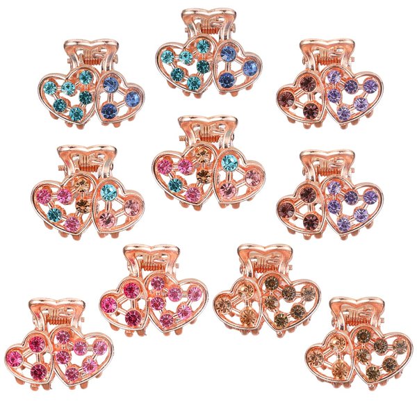 QXUJI 10PCS Rhinestone Hair Claw Jaw Clips, Crystal Metal No-slip Hair Grip Clamps, Mini Heart Bangs Clip Bow Hair Claw Gripper, for Women Girls Hair Pins