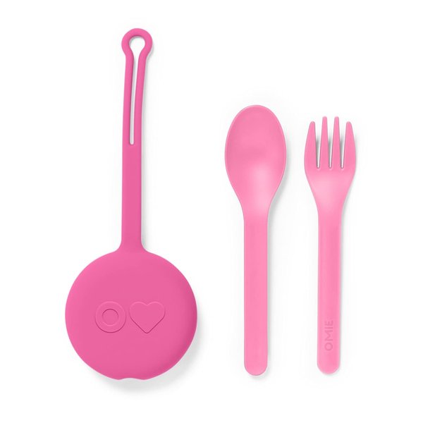 Omie OmieBox Kids Utensils Set with Case - 2 Piece Plastic, Reusable Fork and Spoon Silverware with Pod for Kids (Bubble Pink)