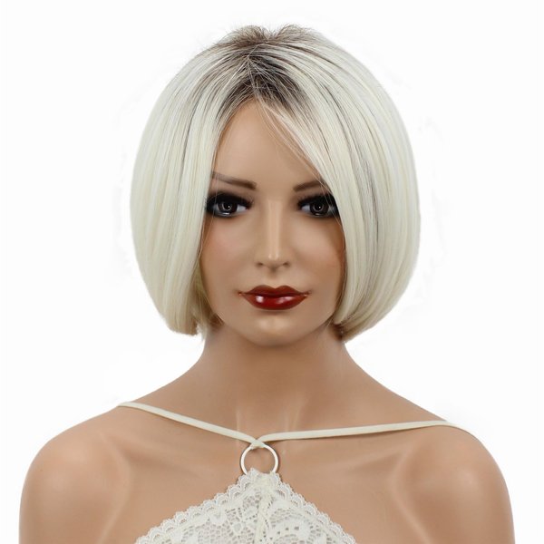 Aimole Short Ombre White Straight Wigs Halloween Costume Cosplay Party Daily Synthetic Women Hair Heat Resistant Wig (613AM)