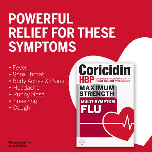 Coricidin HBP, Decongestant-Free Cold Symptom Relief for People with High Blood Pressure, Maximum Strength Multi-Symptom Flu Tablets, 48 Count (2x24ct)