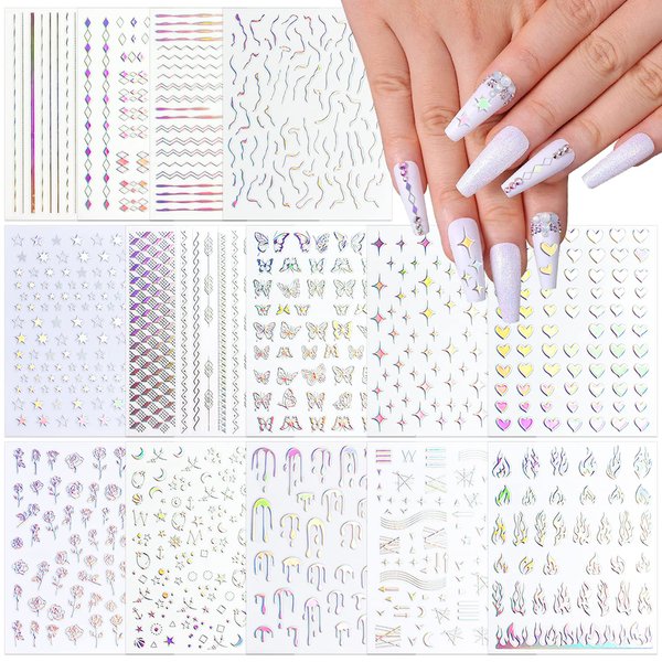 SILPECWEE 14 Sheets Aurora Nail Stickers Laser Silver Nail Art Stickers Decals Holographic Heart Star Butterfly Flower Self Adhesive Nail Designs Stickers 3D Nail Decoration for Nail Art