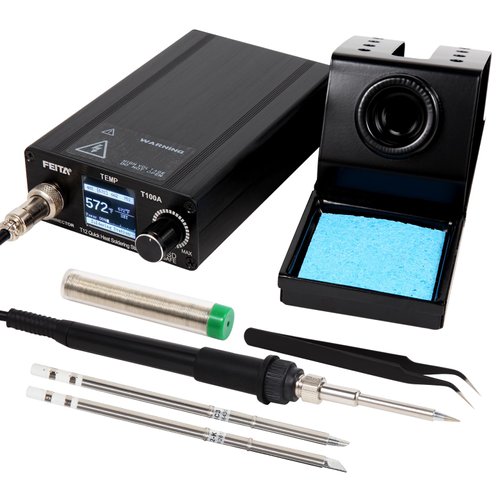 FEITA T12 Soldering Iron Station Kit Tool for Electronics, With 3 Solder Iron Tips, 1 Soldering Wire & Stand, 1 ESD Tweezer, Soldering Machine with °F-°C Conversion, Auto Sleep & Shutdown