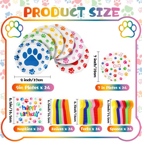 Gejoy 96 Pcs Dog Paw Birthday Party Supplies Tableware Kit Include Plates Knives Forks Spoons Napkins for Boy Girls Birthday Party Decorations Serve 24 Guests (Bright Color)
