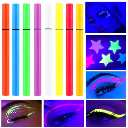 8 Colors Neon Colorful Liquid Eyeliner Makeup Set Kit Glow in the Dark Bright Rainbow Matte Colored Pigmented Graphic Liquid Eyeliners Pen Set for Body Face Paint Delineador de ojos líquido de neón