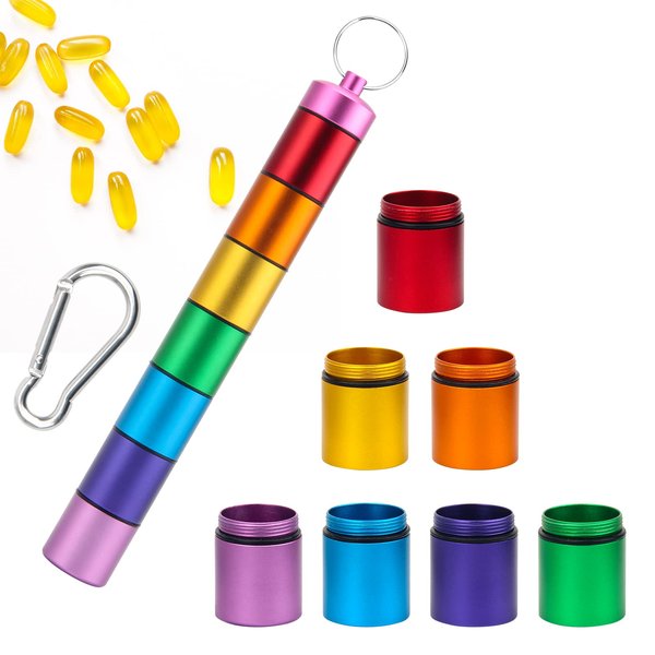 Small Portable Pill Case Keychain, Anglecai Waterproof Metal Pill Holder Tube Mini Pill Organizer Weekly Pocket Pill Boxes, Pill Container Holder with 7 Compartments for Travel Camping