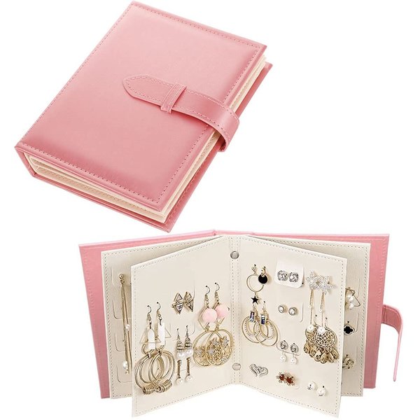 Yiluana Earring Book Organizer, Portable Earring Holder Case Pu Leather Travel Earring Case with Foldable Book Design (Pink)