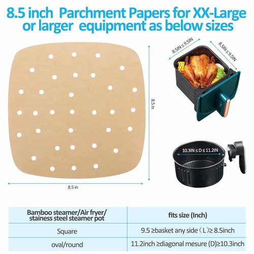 Air Fryer Parchment disposable Paper Liners: 200PCS 8.5 inch Square Perforated parchment paper, Premium Bamboo Steamer Liner for Air Fryers Baking Cooking Oven