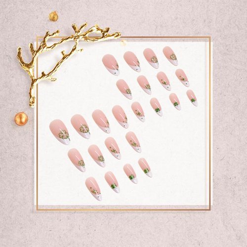 St. Patrick's Day Press on Nails Almond Medium Fake Nails French White Tip False Nails with Green Four Leaf Clover Designs Glossy Reusable Stick on Nails Artificial Acrylic Nails for Women Girls 24Pcs
