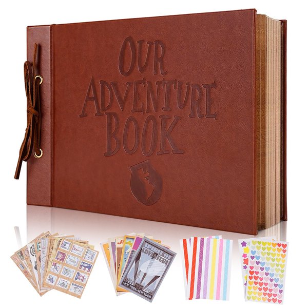 Our Adventure Book Scrapbook Photo Album, 11.9*7.6 inch 80 Pages , 3D Embossed Words Leather Hard Cover Travel Scrapbook for Anniversary, Wedding, Travelling, Hand Made DIY Collecting Photoes for