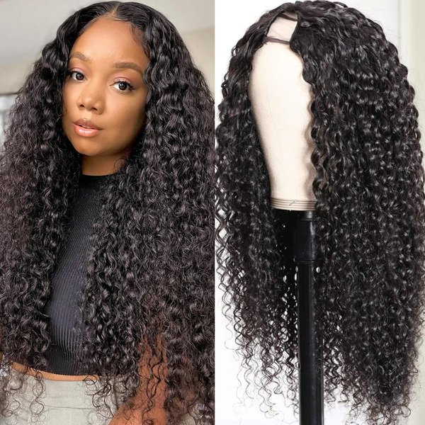 Yavida U Part Human Hair Wig Curly 180% Density U Part Wig Brazilian Virgin Human Hair U Part Wig for Women Full Head Curly U Part Wig Human Hair No Glue No Sew In Curly Half Wig Human Hair 20 Inch