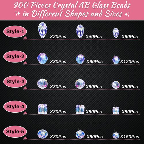 Thrilez 900 Pieces Glass Crystal Beads for Jewelry Making, Assorted Crystal Beads for Bracelets, Jewelry, DIY Crafts or Home Ornaments(Clear Crystal AB Color)