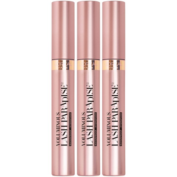 L'Oreal Paris Voluminous Makeup Lash Paradise Waterproof Mascara, Voluptuous Volume, Intense Length, Feathery Soft Full Lashes, No Smudging, No Clumping, Black, 0.25 Fl Oz (Pack of 3)