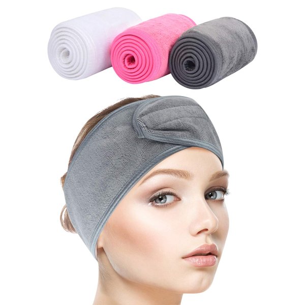 SINLAND Spa Headband for Women 3 Counts Adjustable Makeup Hair Band with Magic Tape,Head Wrap for Face Care, Makeup and Sports