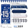 15th Birthday Decorations for Boys Girls, Blue Silver 15th Birthday Decorations Backdrop Banner, Happy 15th Birthday Tablecloth, Number 15 Hanging Swirls, Triangle Flag, 15 Years Old Party Supplies