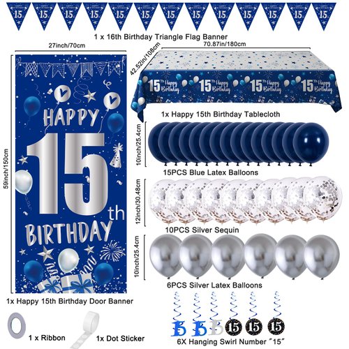 15th Birthday Decorations for Boys Girls, Blue Silver 15th Birthday Decorations Backdrop Banner, Happy 15th Birthday Tablecloth, Number 15 Hanging Swirls, Triangle Flag, 15 Years Old Party Supplies