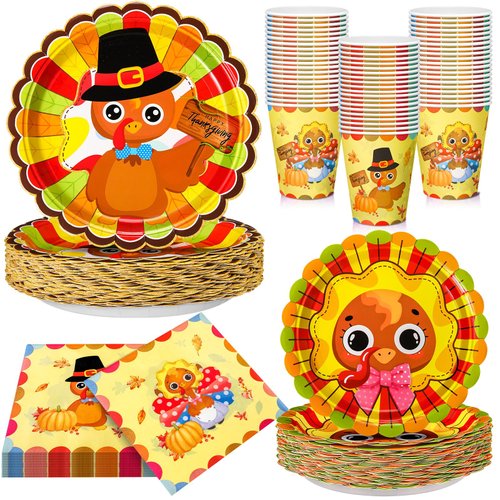 Domensi 100 Pcs Thanksgiving Paper Plates Cups and Napkins Party Supplies, 7&9 Inch Turkey Paper Plates and Napkins, Disposable Turkey Cups for Fall Harvest Thanksgiving Birthday Party Decoration