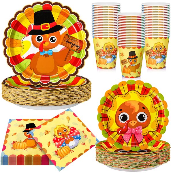Domensi 100 Pcs Thanksgiving Paper Plates Cups and Napkins Party Supplies, 7&9 Inch Turkey Paper Plates and Napkins, Disposable Turkey Cups for Fall Harvest Thanksgiving Birthday Party Decoration