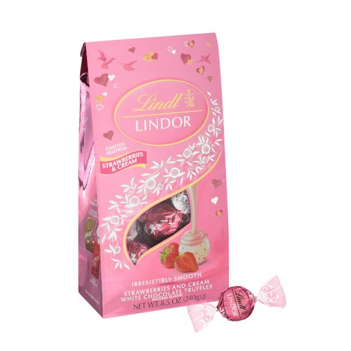 Lindt LINDOR Strawberries and Cream White Chocolate Candy Truffles, Valentine's Day White Chocolate with Strawberries and Cream White Truffle Filling, 8.5 oz. Bag