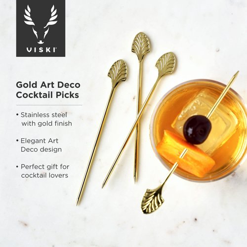 Viski Gold Art Deco Cocktail Picks, Stainless Steel Cocktail Picks for Drinks, Garnish Picks, Cocktail Skewers, Barware Accessories, 5in, Set of 4