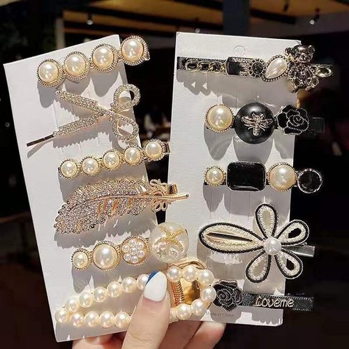 BBRATS Metal, Plastic Pearl Barrettes for Women, Black, 11 Piece