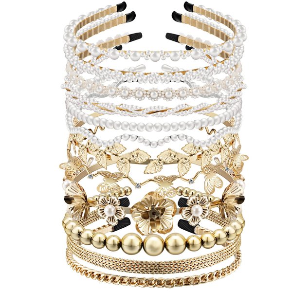 12 Pcs Pearls Headband Rhinestones Hairbands White Faux Pearl Bridal Headband Gold Alloy Flower Head Band Metallic Butterfly Hair Hoop Headband Wedding Hair Accessories for Women Girls, 12 Styles
