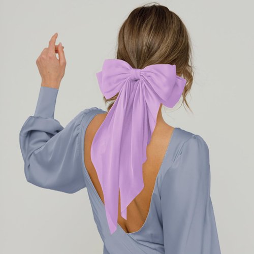 Hair Bows for Women, 2 pcs Big Silky Satin Bow Hair Clips, Metal Clips Long Tail Accessories Hair Bows for Girls for Birthday Gift (Navy Bow & Lilac Bow)