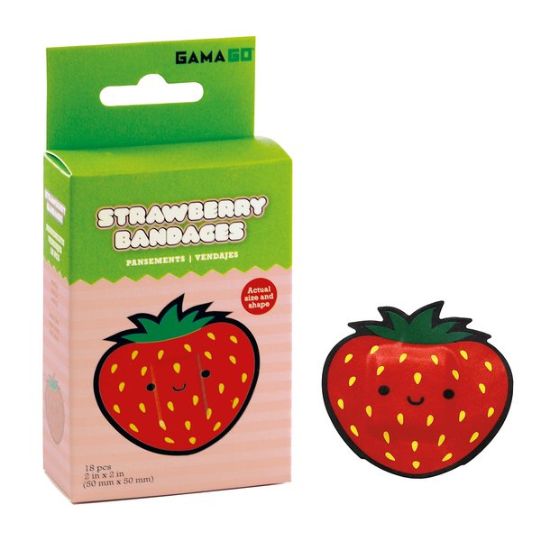 GAMAGO Strawberry Bandages for Kids & Kidults - Set of 18 Individually Wrapped Self Adhesive Bandages - Sterile, Latex-Free & Easily Removable - Funny Gift & First Aid Addition