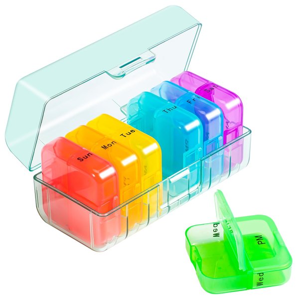 Zoksi Am Pm Pill Organizer 2 Times a Day, Green Weekly Pill Box 7 Day, Portable Daily Pill Case for Travel, Medicine Organizer for Fish Oils,Vitamins and Other Tablets