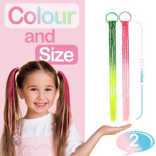 Colored Braids Hair Extensions for Kids,Girls Braided Ponytail Extension,Rubber Bands Hair Extensions,Rainbow Braided Synthetic Hairpieces,Crazy Hair Day Accessories,Cosplay Dress Up,Mardi gras FH-04
