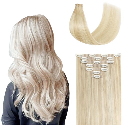 FUOTONBUTY Clip in Hair Real Human Hair Double Stitched 7pcs Golden Blonde to Light Blonde Human Hair Clip in Extension Seamless Clip in Hair Extensions 90g Invisible Clip in Hair Extensions 22 Inch
