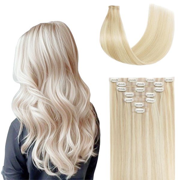 FUOTONBUTY Clip in Hair Real Human Hair Double Stitched 7pcs Golden Blonde to Light Blonde Human Hair Clip in Extension Seamless Clip in Hair Extensions 90g Invisible Clip in Hair Extensions 22 Inch